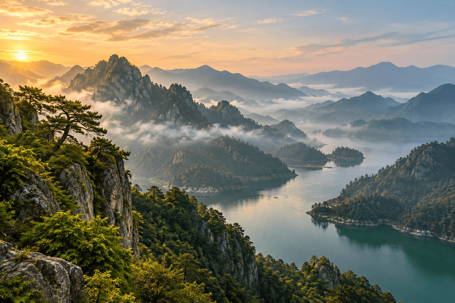 晨光中的山水景区